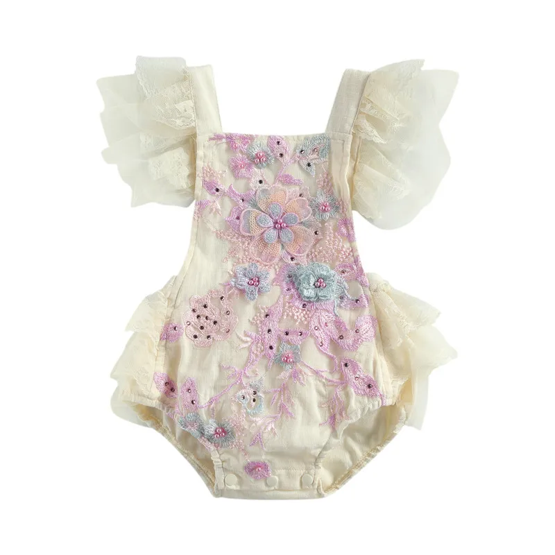0-24M Princess Baby Girls Bodysuits Cute Lace Flowers Print Ruffles Short Sleeve Backless Jumpsuits Backless Lace-up Bodysuit