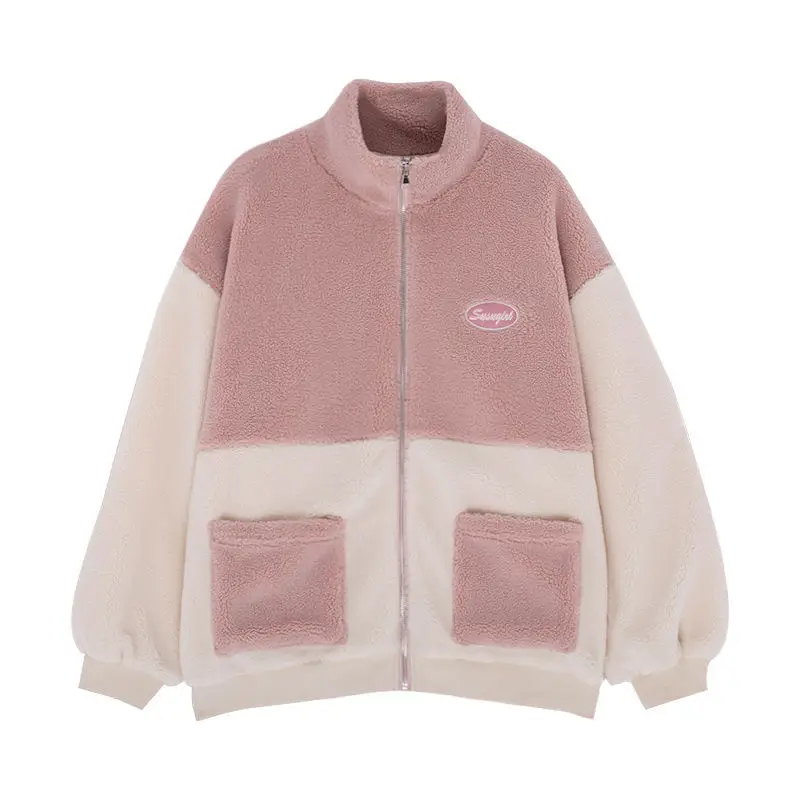 

Autumn and winter Korean college style color matching thick lamb wool and cashmere thickened collar Korean sweater coat women's