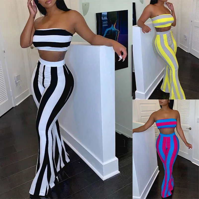 

FNOCE Cross-border Freign Trade Women's new Style Suit Fashion Casual Striped Print Chest Wrap Flared Pants Bag Hip Suit