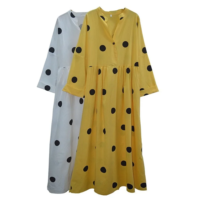 Платье женское длинное в горошек из хлопка и льна | Женская одежда