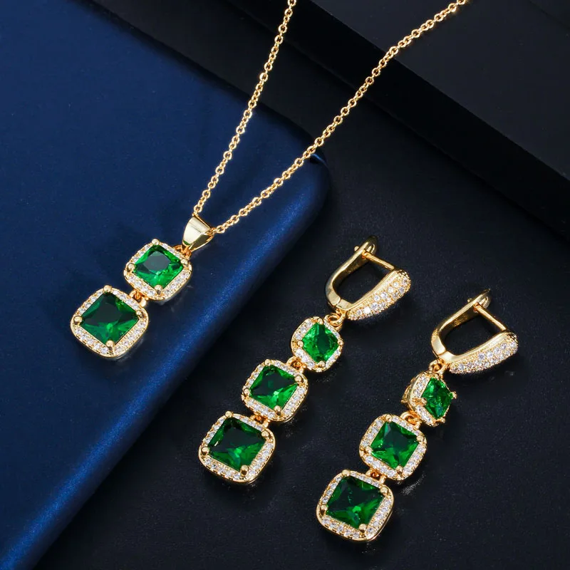 Gold Green CWWZircons Элегантный квадратный Королевский синий кубический цирконий висячие серьги подвеска ожерелье дамский костюм Ювелирные наборы T354 - Окраска металла: Gold Green