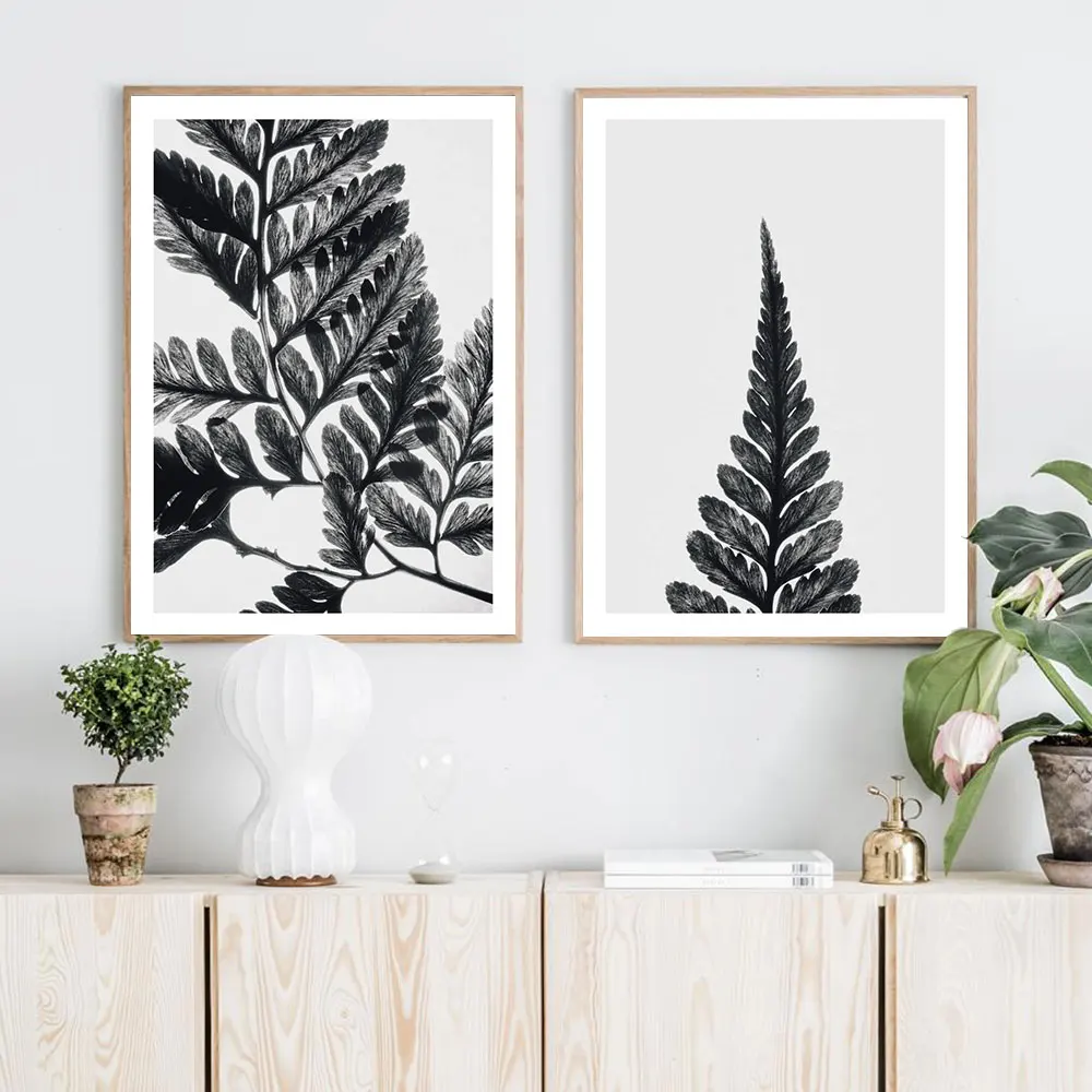 Минималистичный постер с ботаническим папоротником черный белый лист искусство