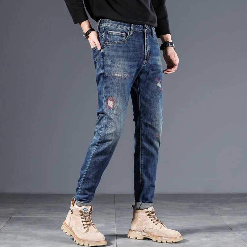 Джинсы мужские с вышивкой повседневные штаны модная уличная одежда рваные