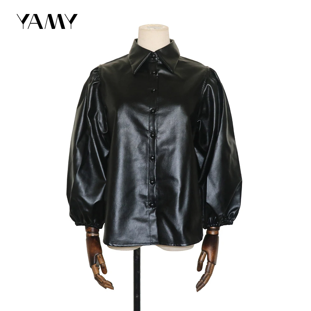 Женская блузка из искусственной кожи черная Свободная рубашка с отложным