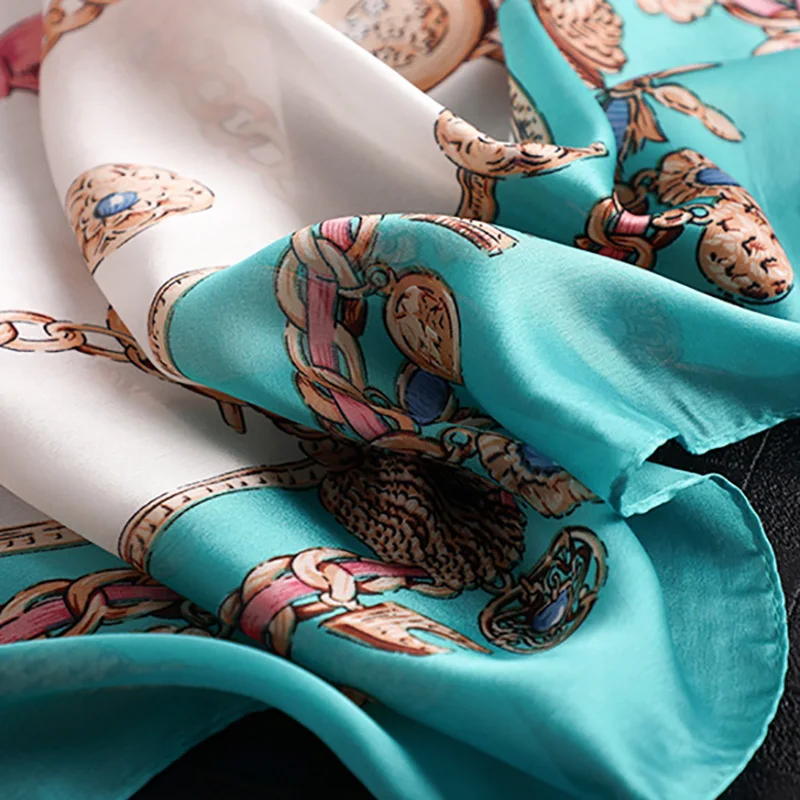 

Women Imitation Silk Scarf Gem Chain Print Shawls Office Lady Soft Wraps Female Headscarf Beach Towel Best Gift 90x180cm