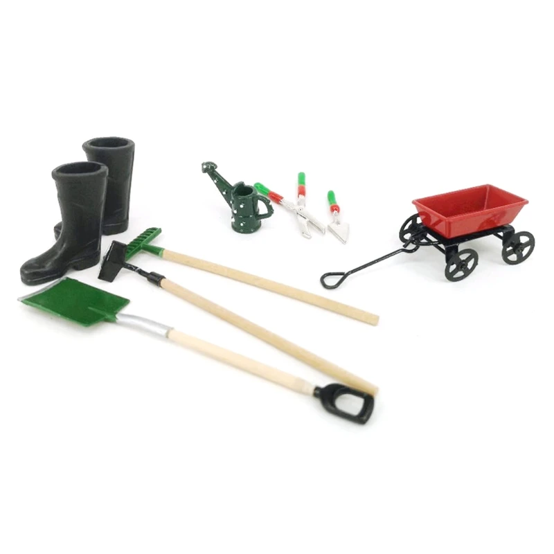 

Mik 1/12 Mini Shovel Rake Pull Cart Garden Tools Model Doll Life Scene Dollhouse Miniature Accessories Decoration Toy