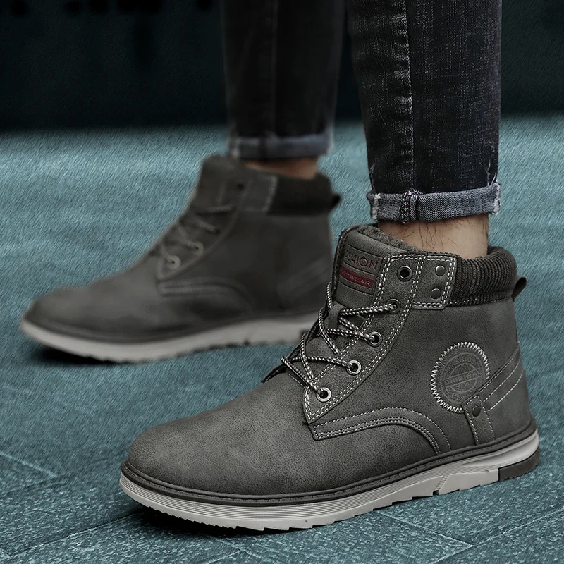 

Winter Snow Men Boots Outdoor Leather Sneakers Plush Warm Men's Boots Fashion Lace Up Male Hiking Boots Men Work Shoes