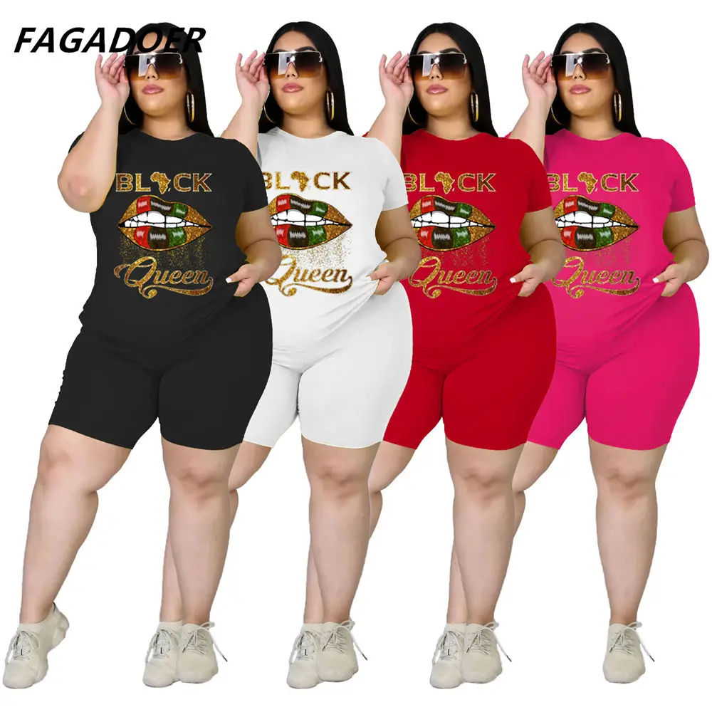 

FAGADOER Plus Size Shorts Sets L-4XL Women Casual Summer Two Piece Lip Letter Printting T-shirt+Shorts Tracksuit Sport Outfit