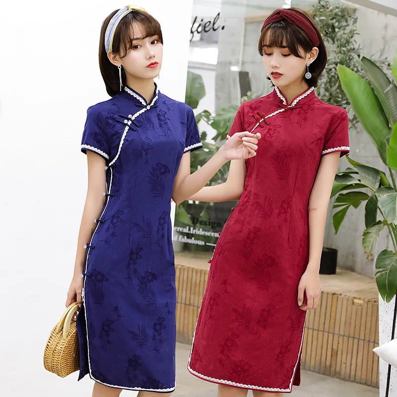 

Elegant Vintage Women Banquet Straight Qipao Skirt Wedding Party Cheongsam Dress Mid-Length Cotton Daily Print Chinese Dresses