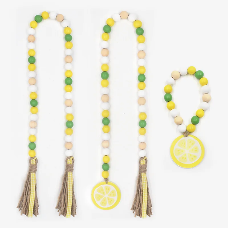 Wood Beads Garland with Lemon Pendant Farmhouse Rustic Country Wall Decoration Boho Tassel Woven Tassel Wall Hanging Ornaments