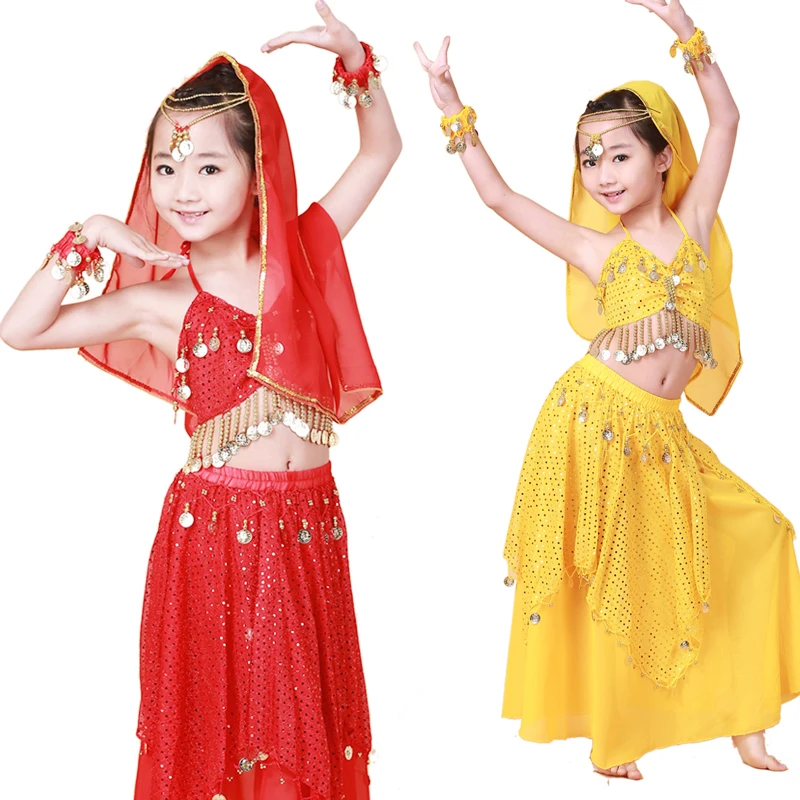 

New Girls Belly Dance Costume Set Red/Rose/Blue/Yellow/Pink Kids Indian Dance Costumes Dance Belly For Children DQ2032