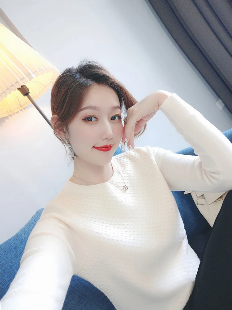 

Shangweiluo long sleeve T-shirt sweater women's fall 2020 new loose round neck Pullover jacquard with backing