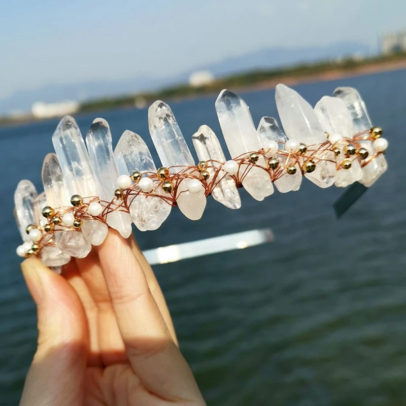 

Women Princess Clear Raw Crystal Quartz Headband Crown Imitation Pearl Gold Beads Jewelry Hair Hoop Wedding Bridal Vintage M7DD