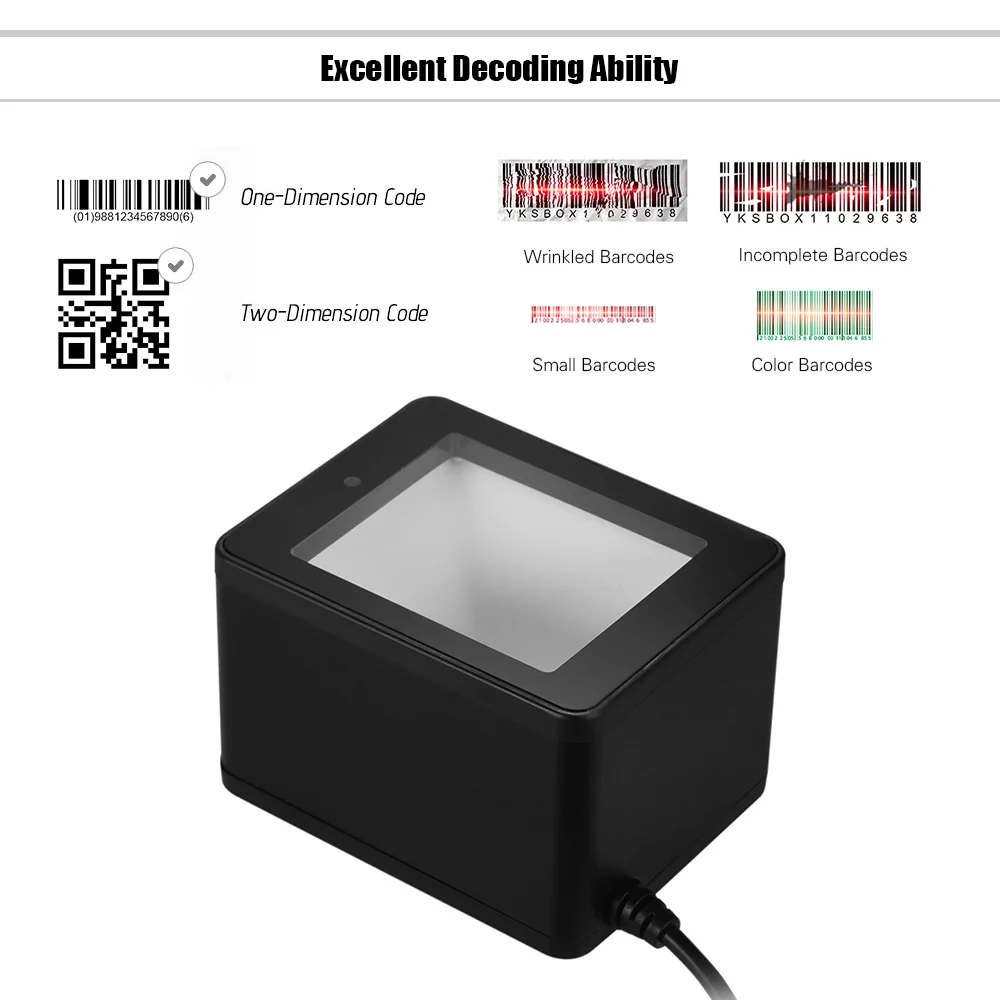 Портативный сканер штрих кода Aibecy для рабочего стола 1D/2D/QR USB проводной