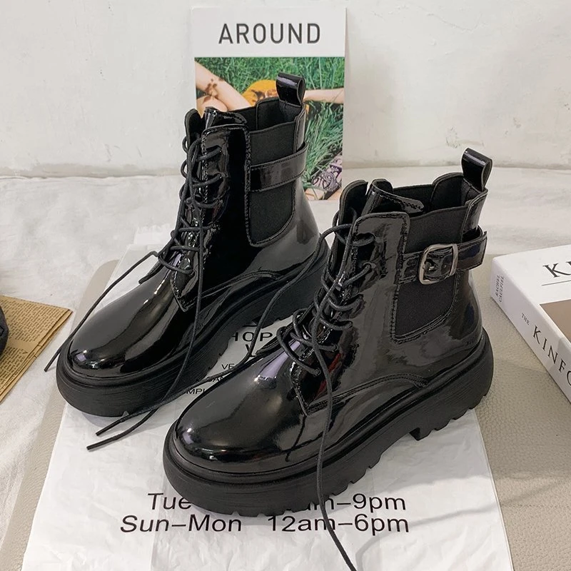 

Women Lace Up Chunky Black Punk Ankle Platform Motorcycle Martin Boots Women's Boots Heel Belt Buckle Designer Shoe Women 2021