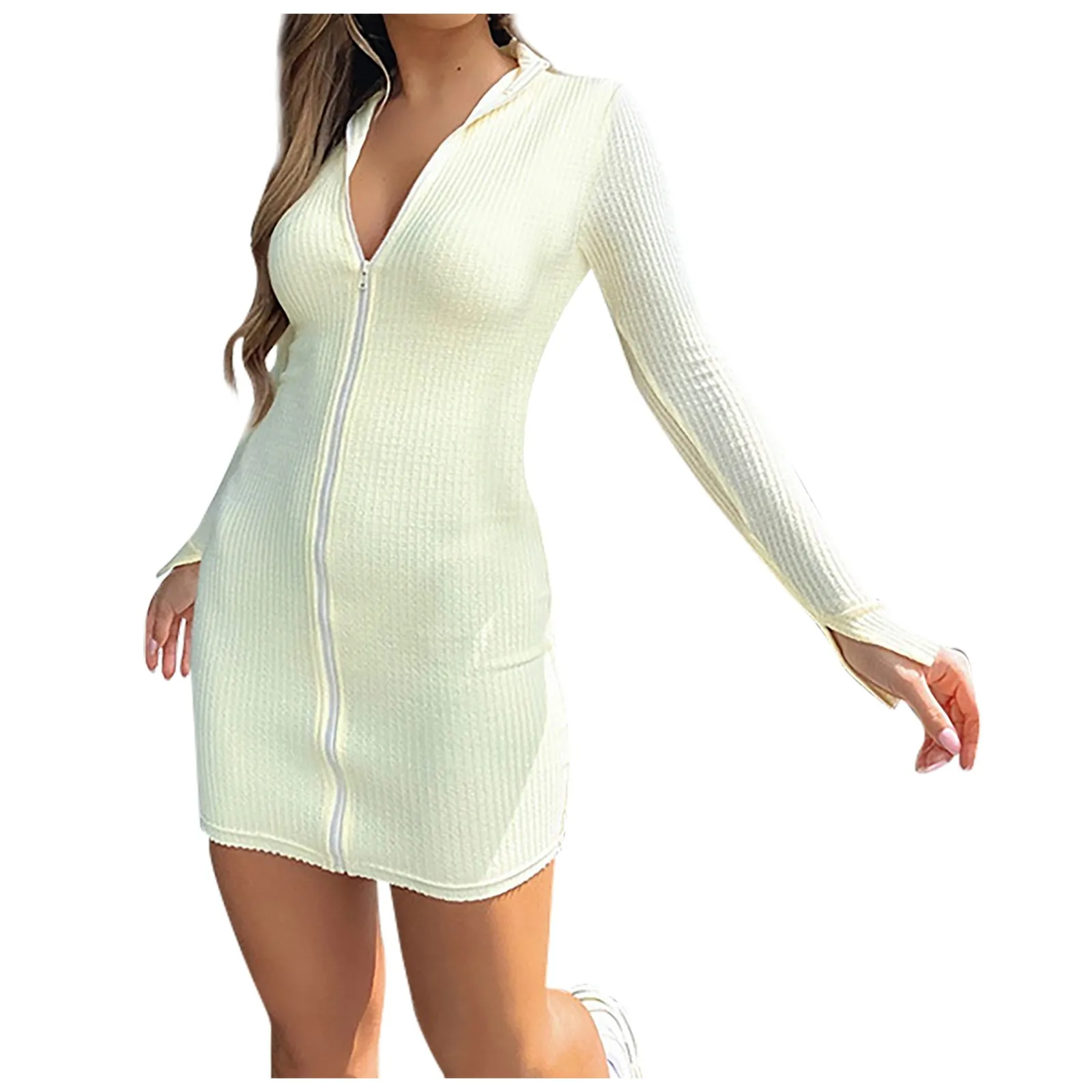 

Lady Casual Bodycon Pencil Dresses Women Long sleeve Front zipper Stand collar Slim Mini Dress Party Basic Vestidos Autumn 2021