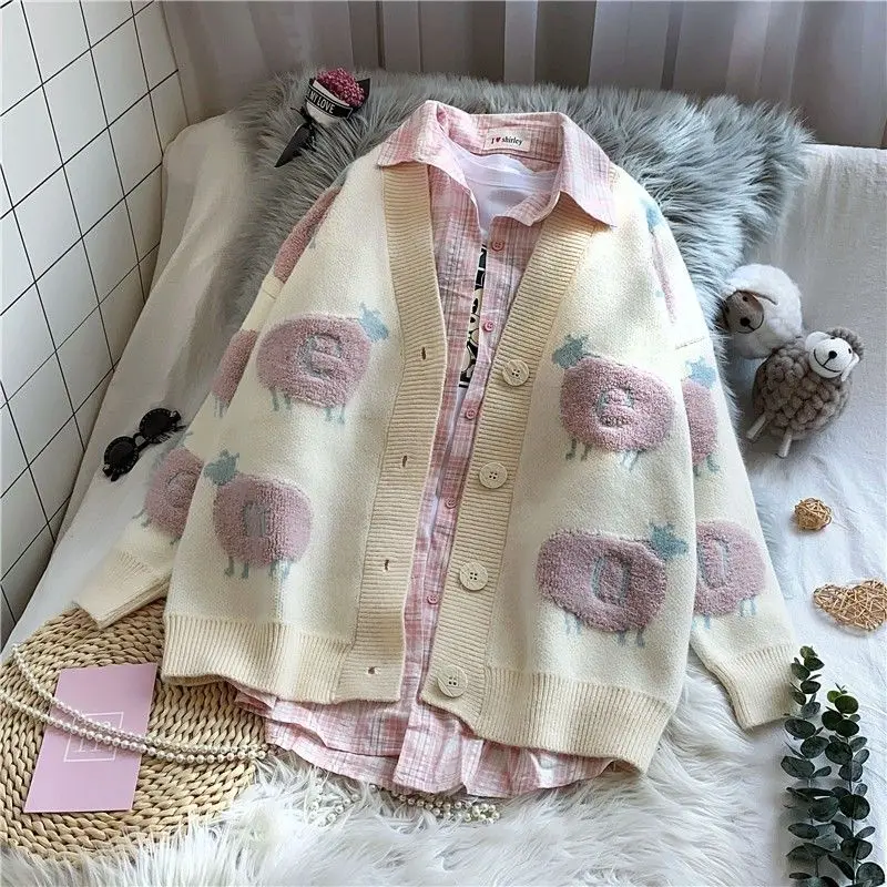 

Women Japanese Sweater Coat Autumn And Winter Wear Ladies Casual Fashion V-neck Single-breasted Cartoon Knitted Cardigan
