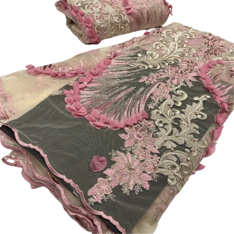 

Latest African Lace Fabric 2021 High Quality Lace Embroidery Beaded 3d French Nigerian Lace Fabric 5 Yards for Wedding Dress