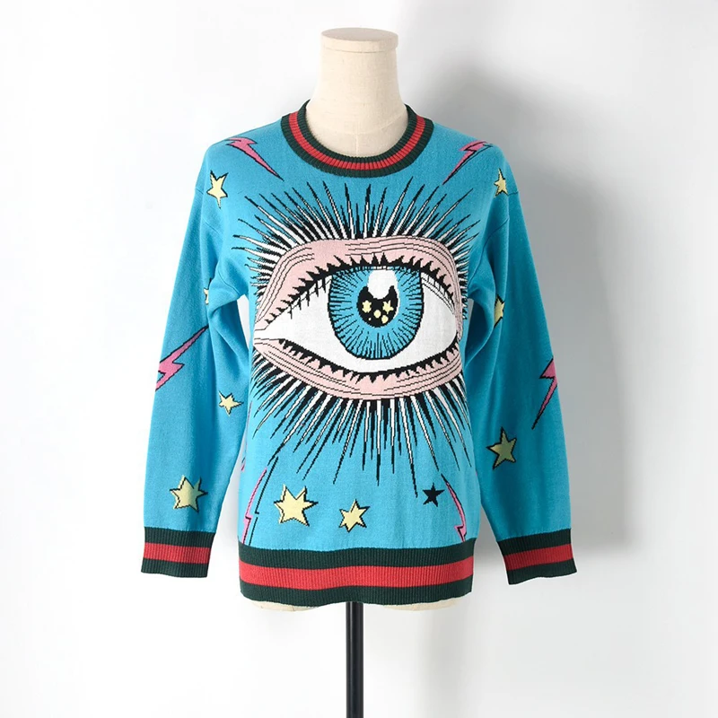 Пуловер женский жаккардовый с круглым вырезом длинными рукавами в английском