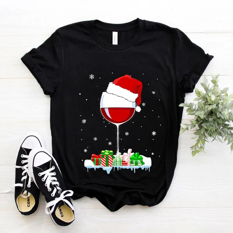 

Women Black T Shirt Girl Harajuku Korean Style Wine Glass with Santa Hat Graphic Tops 2021 Kawaii Female T-shirt,Drop Ship