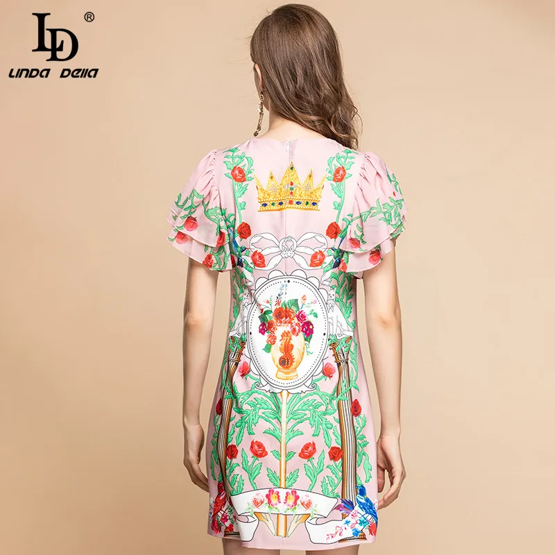 

LD LINDA DELLA Fashion Runway Summer Mini Dress Women Butterfly Sleeve Gorgeous Crystal Beading Floral Print A-Line Short Dress