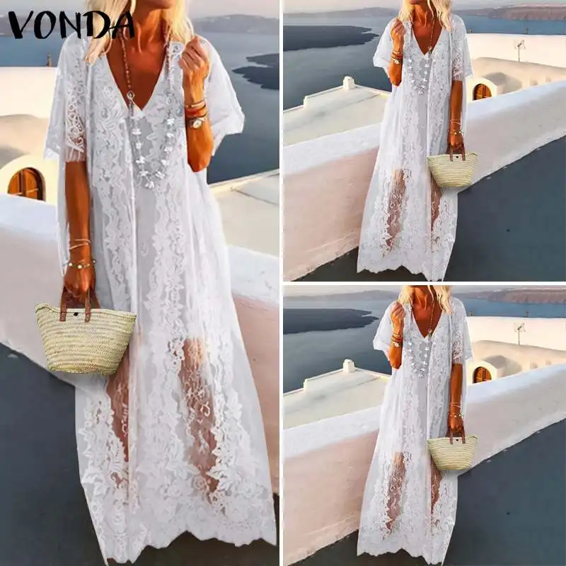 VONDA женское богемное платье длиной до пола летнее пляжное кружевное платье сексуальное повседневное свободное прозрачное Открытое платье большого размера Vestidos