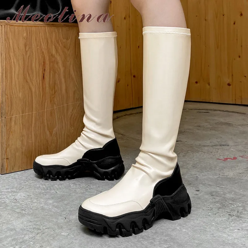

Meotina Riding Boots Women Shoes Real Leather Platform Flat Long Boots Round Toe Knee-High Boots Ladies Autumn Winter Beige 40