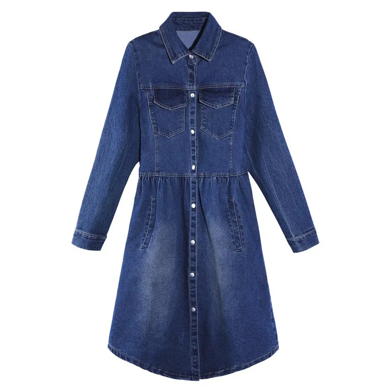 

Spring Autumn Women Denim Dress Fashion Single-breasted Long Sleeve Knee Length Dress Elegant Slim Office Lady Work Jean Dresses