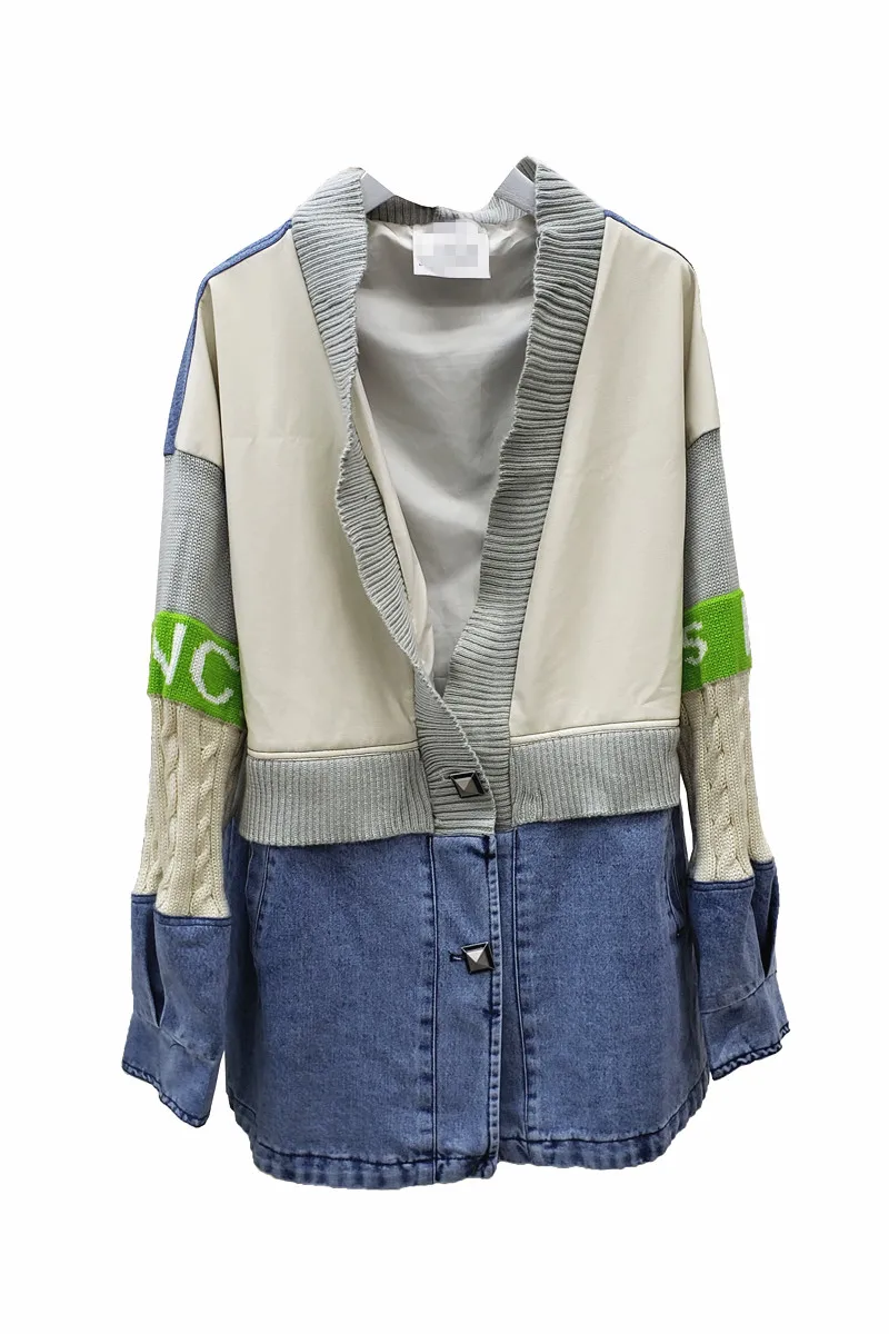 

Streetwear Knitting Collar Long Sleeve Stitching PU Leather Casual Denim Jacket for Women Letter V--neck Long Coat