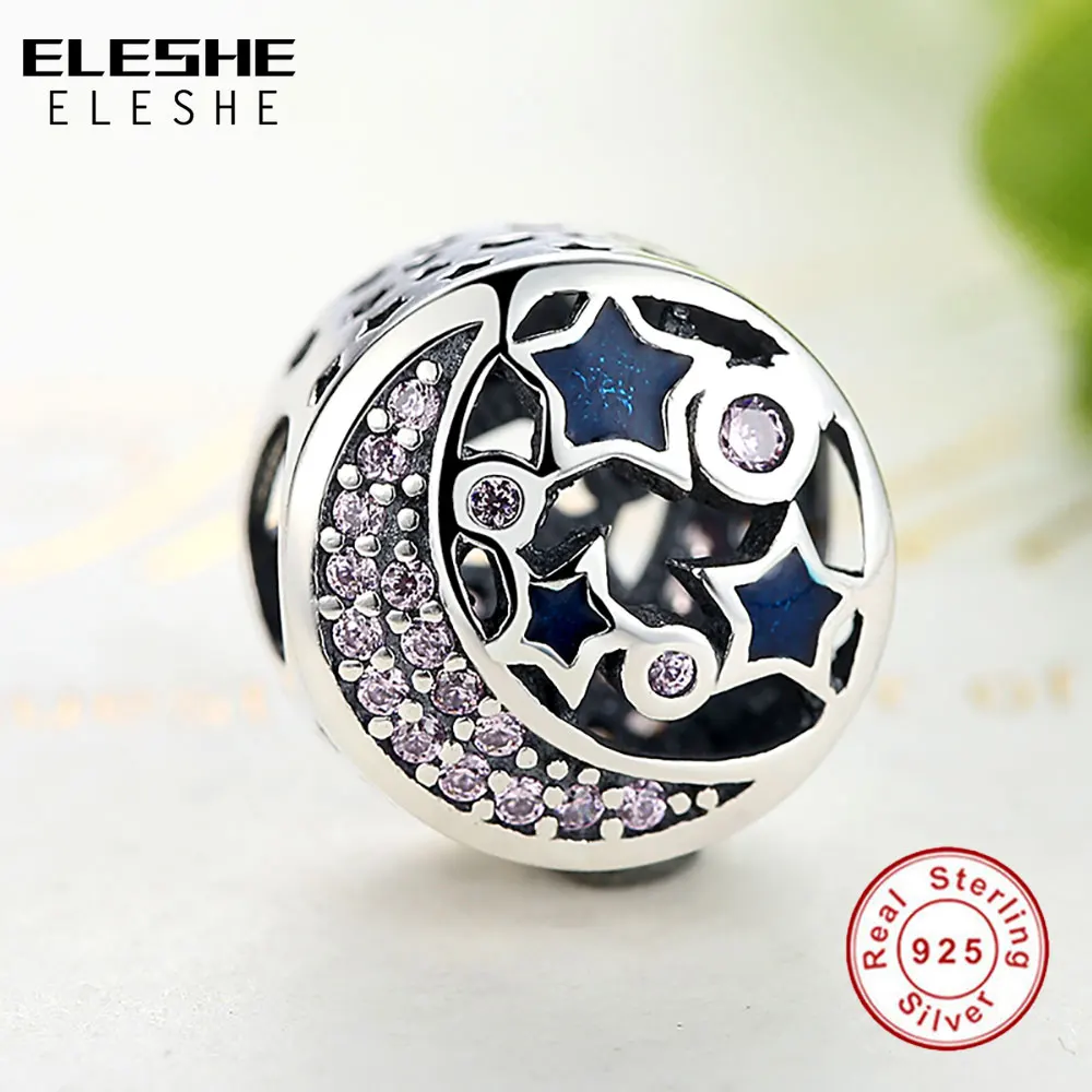 ELESHE 925 Sterling Silvrer Pink Clear CZ Moon Night Sky Star Charm Fit Original Charm Bracelets Necklaces DIY Jewelry Making