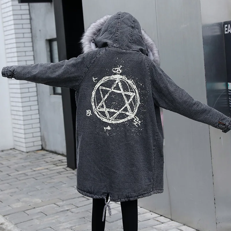 Женская одежда из хлопка большой размер свободный меховой воротник джинсовая