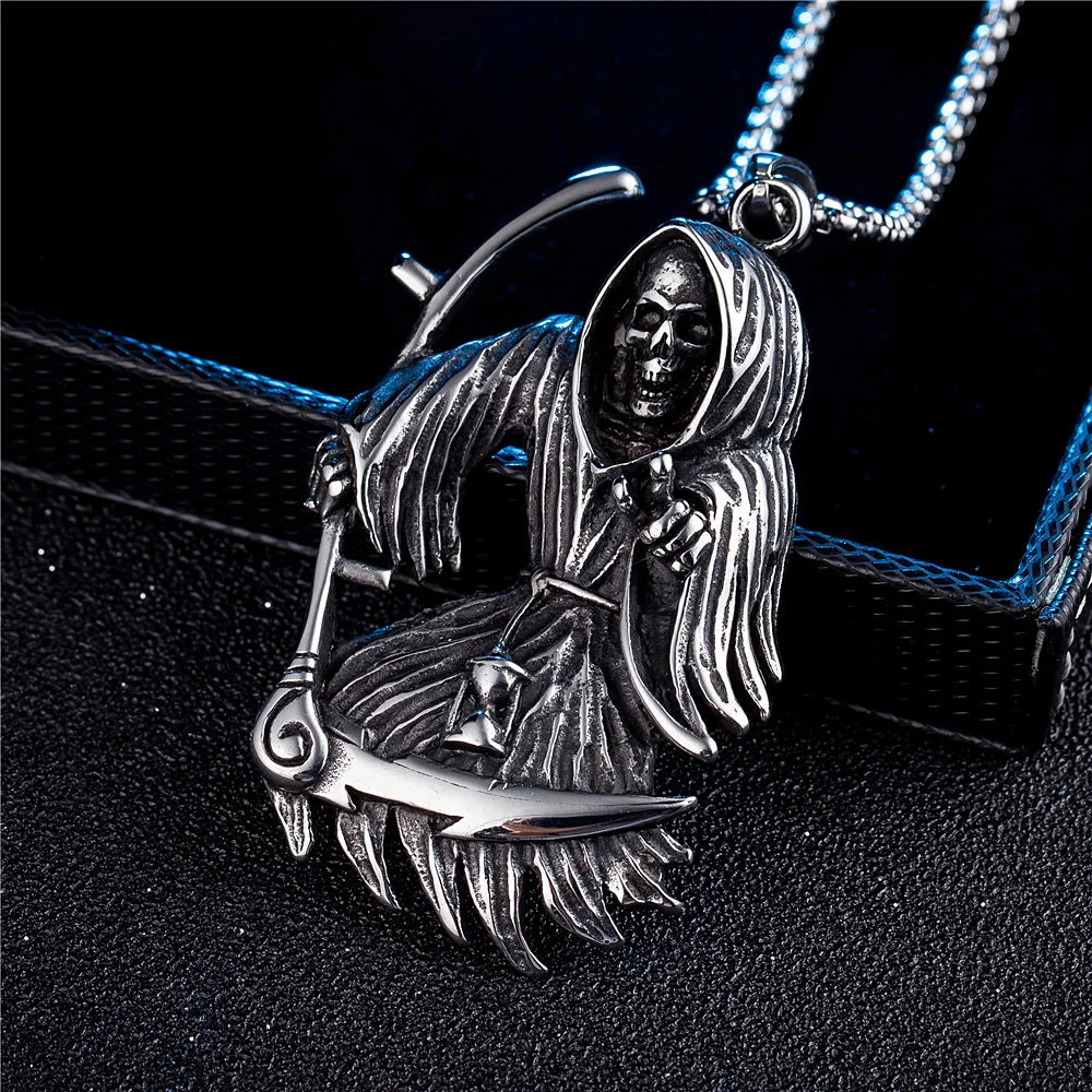 Gothic Stainless Steel Death Scythe Skull Necklace Pendant Punk Biker Men Grim Reaper Pendant Fashionable Men's Chain Jewelry