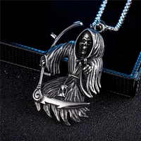 gothic stainless steel death scythe skull necklace pendant punk biker men grim reaper pendant fashionable mens chain jewelry