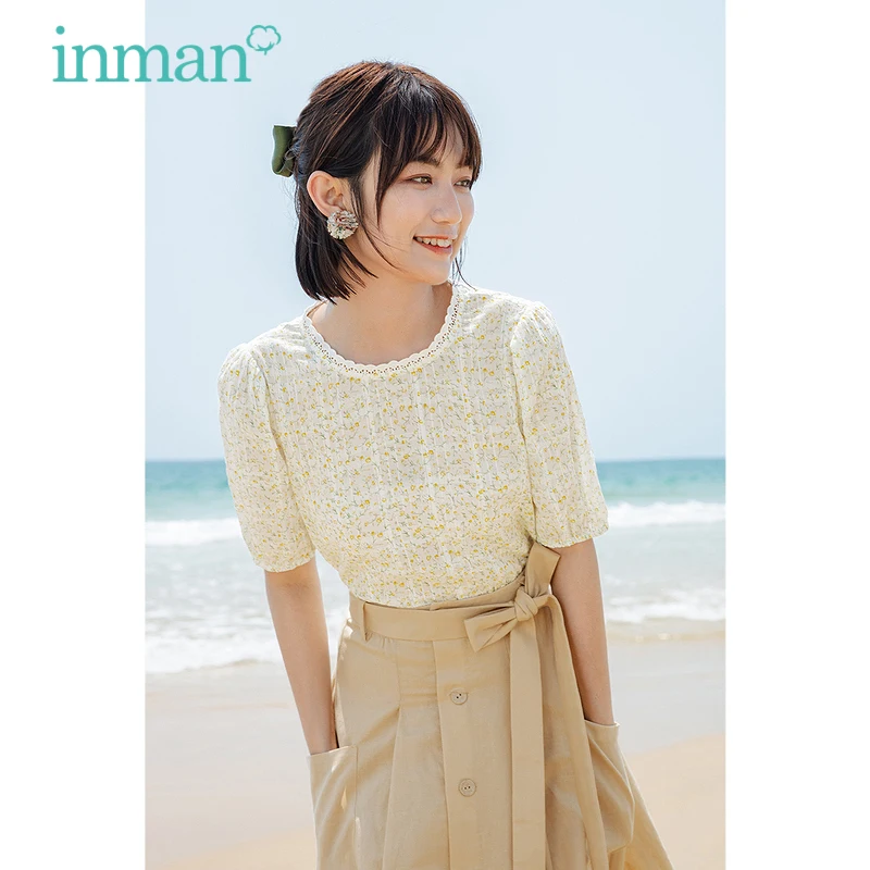 

INMAN Summer Female's Top Pastoral Elegant Lady Lace Waterdrop-Shaped Back Collar Floral Jacquard Women Half Sleeve Plaid Shirt