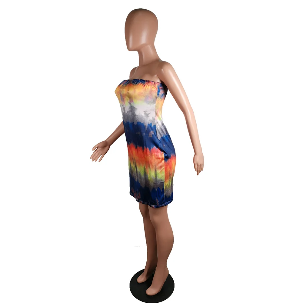 

Women Elegant Bodycon Dress Off The Shoulder Sexy Tie Dye Print Strapless Pencil Dresses Vintage Wrap Chest Backless Midi Dress