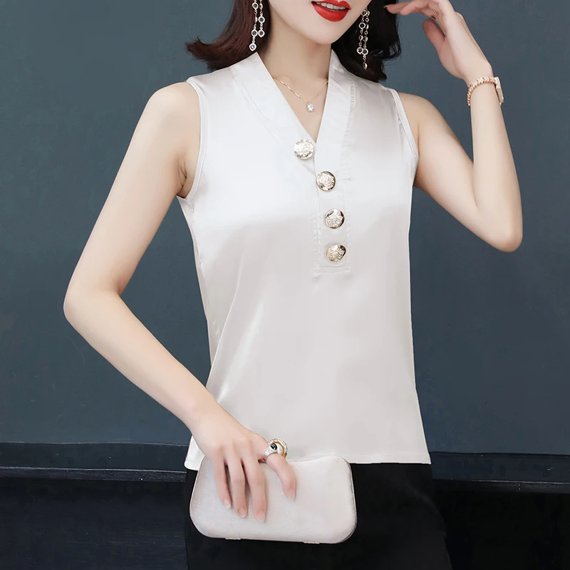 

Summer Korean Fashion Silk Tank Top Women Satin Office Lady Tank Top Button Solid Plus Size XXXL Black Clothing for Women