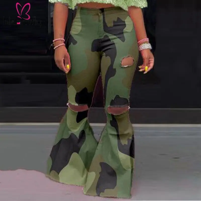 Повседневные расклешенные камуфляжные штаны для женщин с принтом рваные модные
