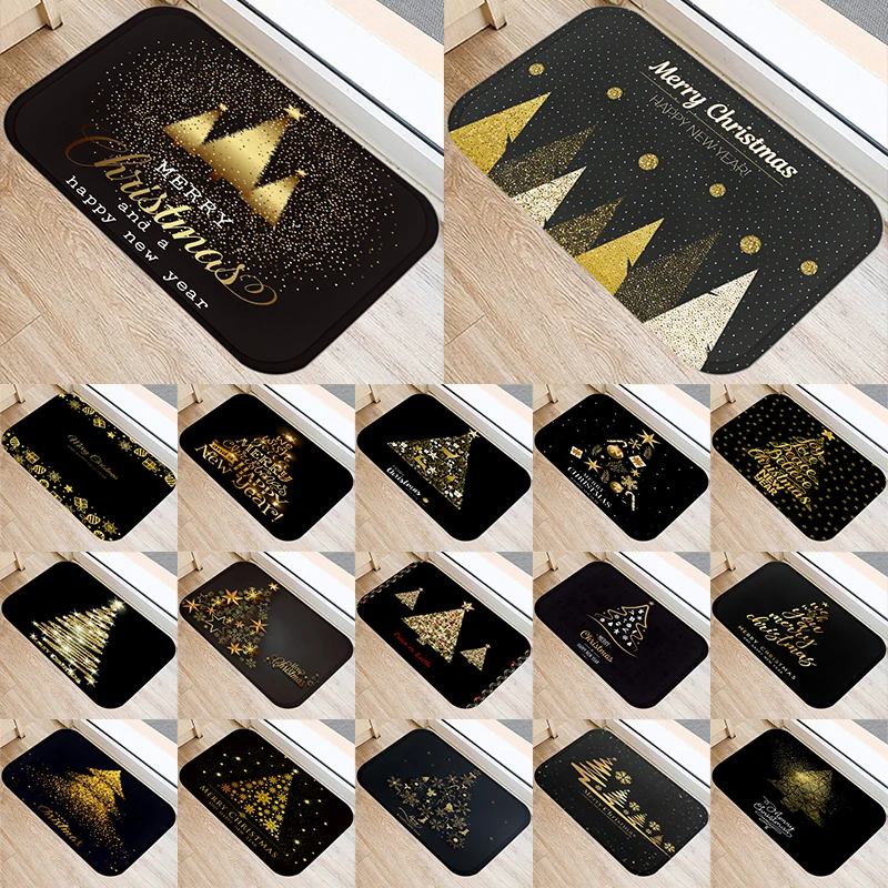 

Black Golden Christmas Tree 40*60 Kitchen Entrance Door Mats Coral Velvet Carpet Doormat Indoor Floor Anti-Slip Rug 48093-2