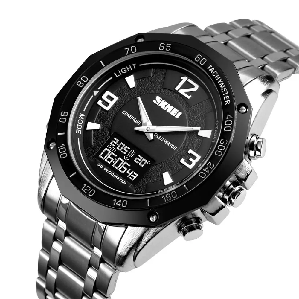 

SKMEI 3Time Dual Display Men's Quartz Watches Thermometer Compass Sport Clocks Luminous Pointer Pedometer Steel Wristwatch 1464