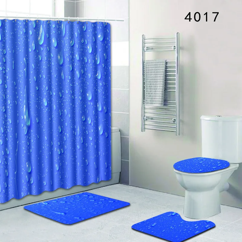 

Creative Water Drops Shower Curtain Raindrop Bubble Blue Background Anti-Slip Rugs Toilet Cover Bathroom Curtains Set Bath Mat