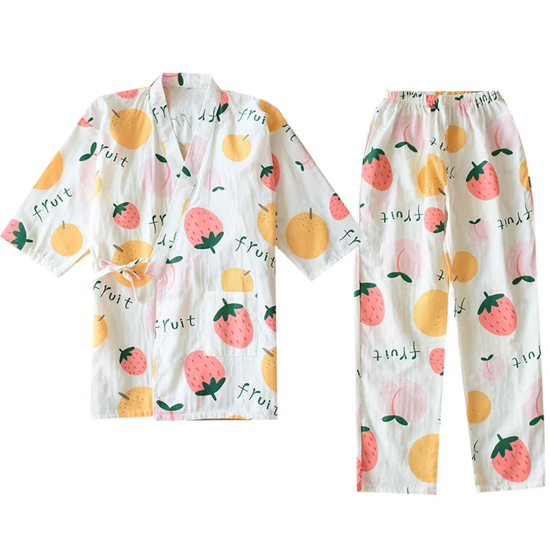

Seven Part Sleeve Style Japanese Kimono Mujer Cardigan Pajamas Set Autumn Pure Cotton Gauze Home Furnishing Serve Love Sweet