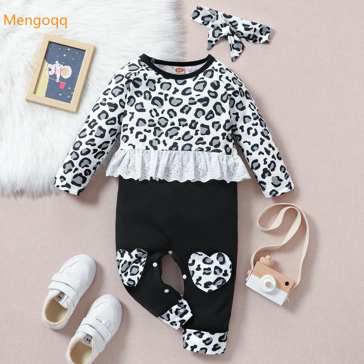 

Newborn Baby Girls Long Sleeve Leopard Lace Patchwork Love Outfits Infant Jumpsuits Fashion Overalls Kids Romper+headbands 0-18M