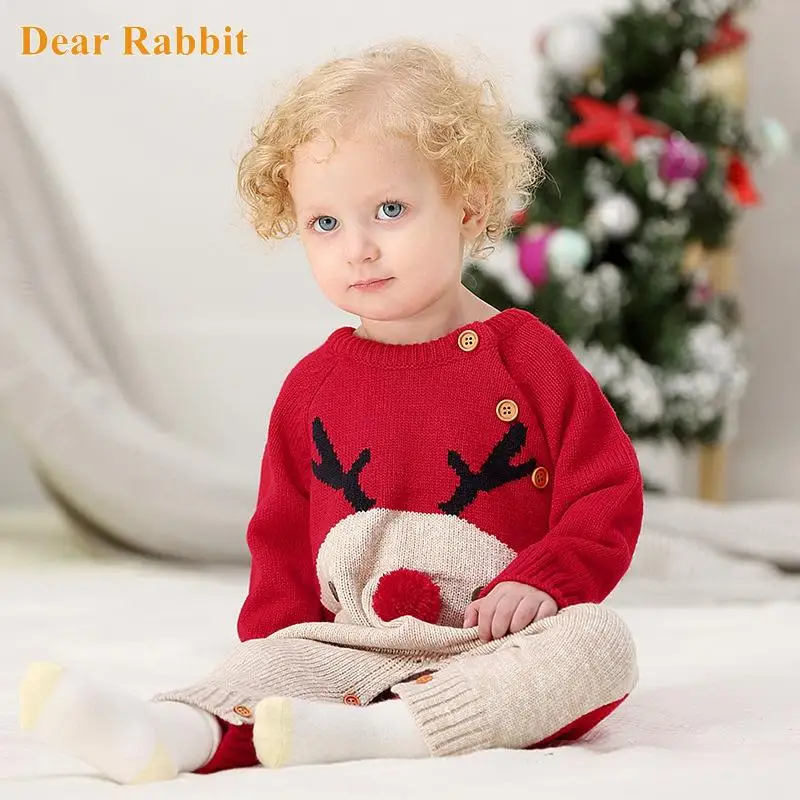 

Baby Boys Christmas Rompers Reindeer Knitted Infantil Jumpsuits Toddler Girls New Year's Costume Children Warm Wool Clothes 0-2Y