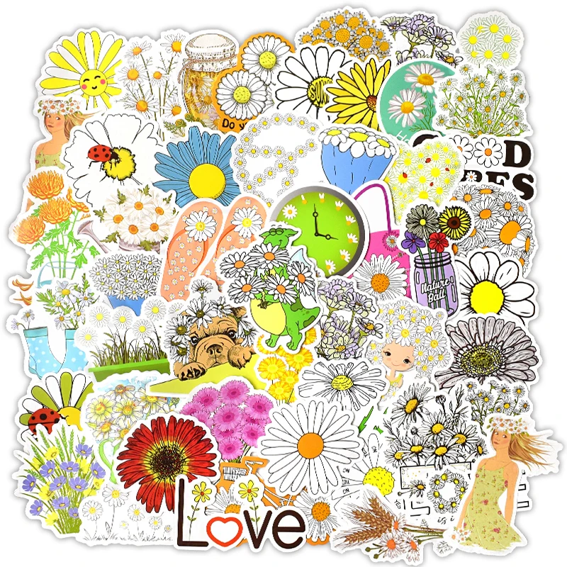 

50PCS Beautiful Little Daisy Flower Doodle Sticker Summer Style Vsco Girl Cute Laptop Suitcase Bike Vinyl Car Decals Stickers F4