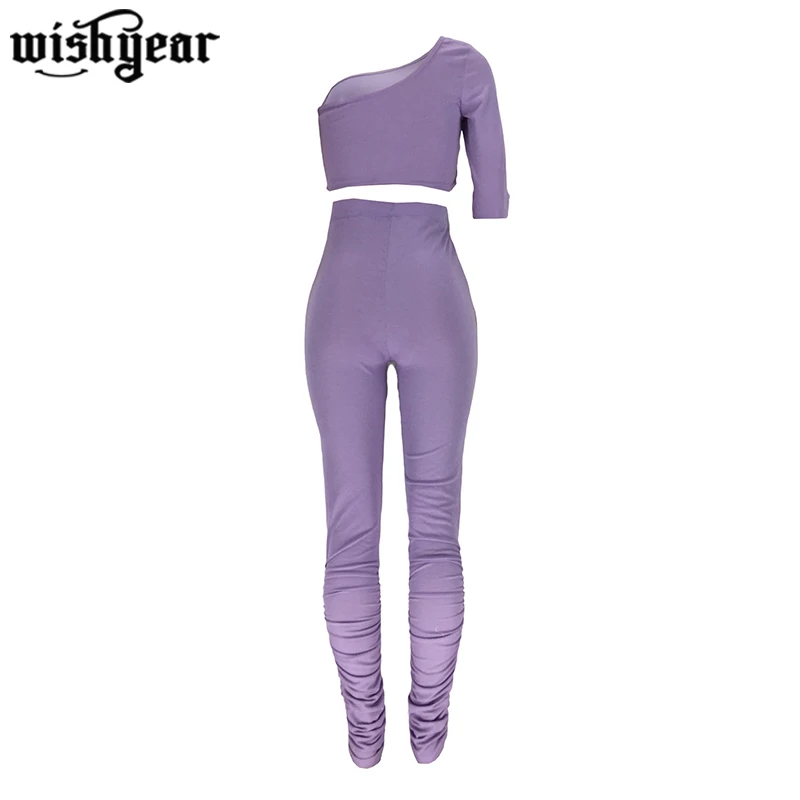 

2020 Women Fitness Sets One Shoulder Hollow Out Slim Tops+Pencil Pants Tracksuit Two Piece Set Sporty Street 2 Pcs Outfits