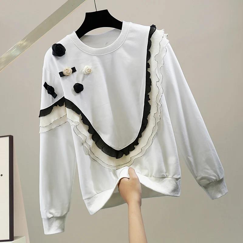 

VANOVICH Korean Style Heavy Industry Three-dimensional Rose Stitching Ruffled Casual Sweatshirt 2022 Spring and Autumn New