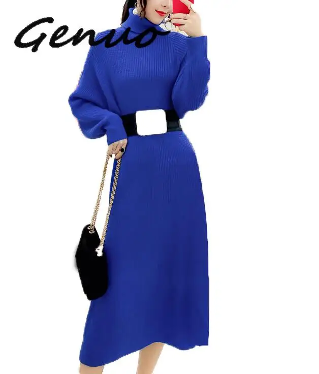 Женское трикотажное платье свитер Genuo теплый зимний сарафан с поясом для