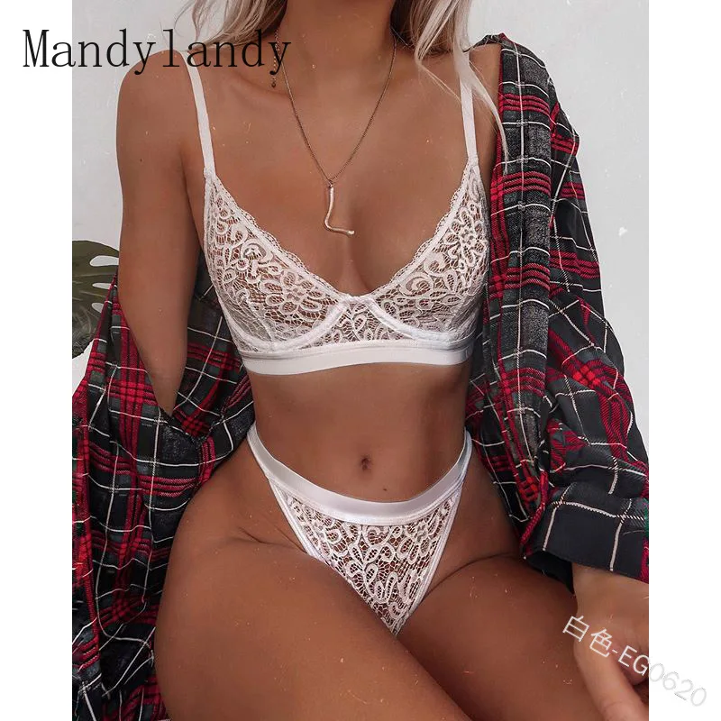 

Mandylandy Sexy V-neck Spaghetti Strap Bra + Mid Waist Mesh Hollow Out Panties Set Women's Lace Solid Color Slim Underwear Suit
