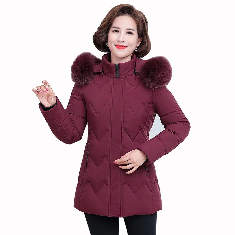 

2020 New Women's Winter Parka Fashion Slim Mother's Wear Thick Hooded Big Fur Collar Cotton Coat Female Winter Basic Jacket
