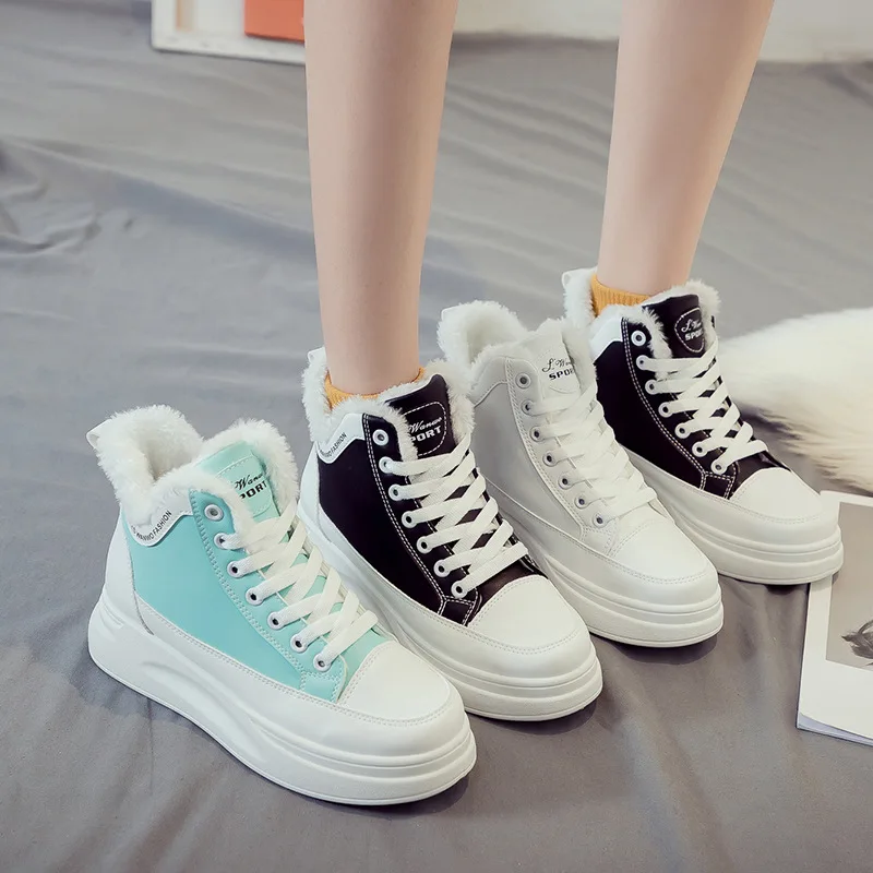 

2020 Winter New Korean Student Warm Cotton Shoes Vulcanized Shoes Ins Plus Velvet High-top White Shoes Women Street Casual Shoes